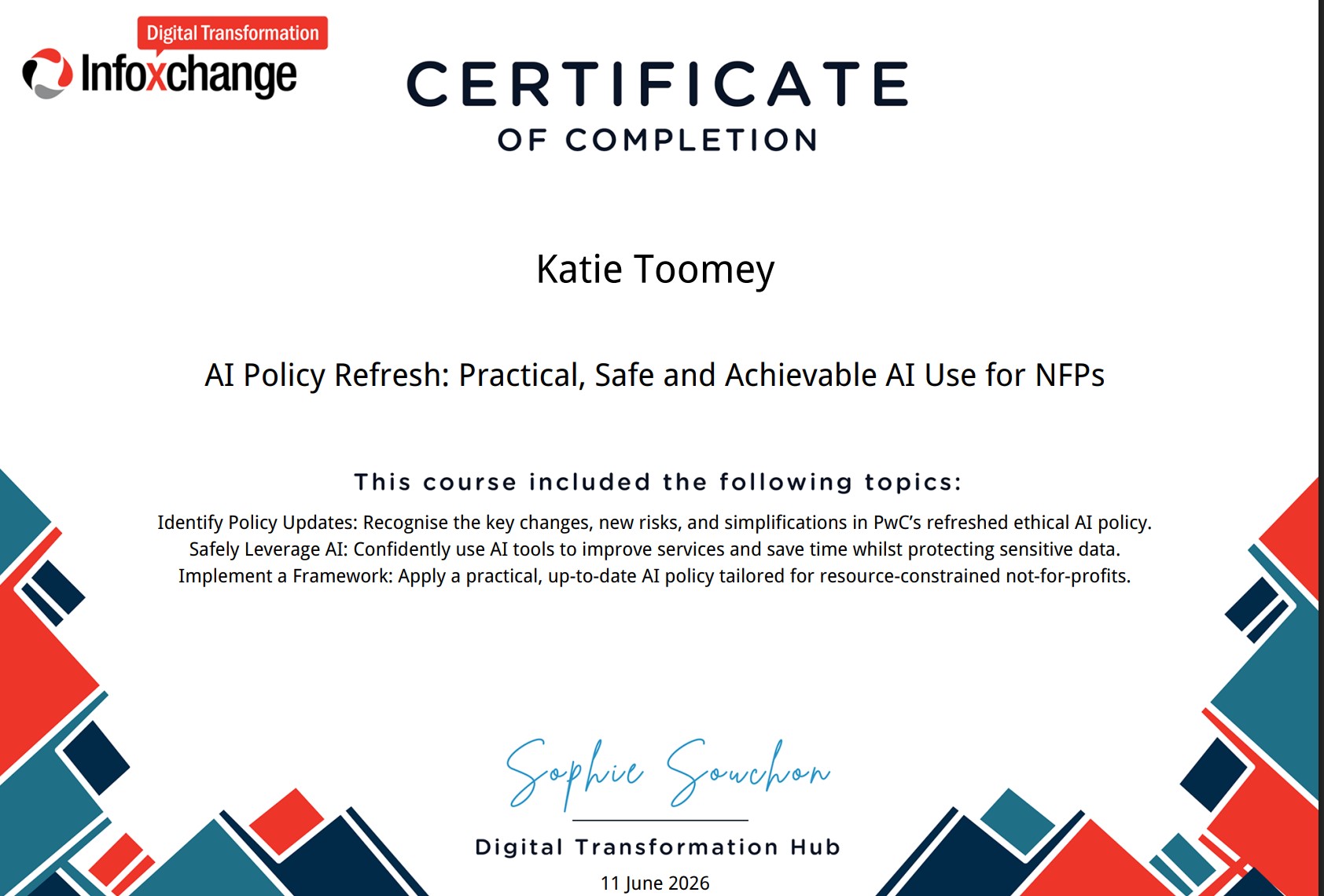 Infoexchange and PwC AI Policy Refresh certificate, June 2026